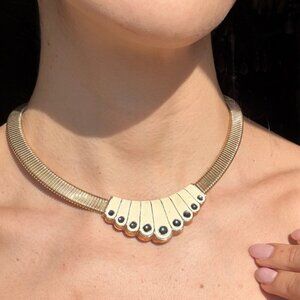 VINTAGE 80s Gold Gas Pipe Choker Enamel Fan Statement Necklace